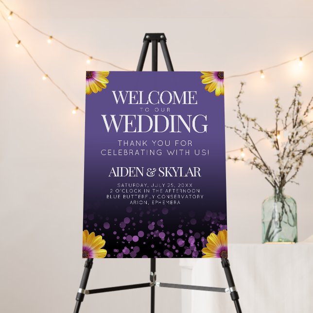 Elegant Daisies Purple Glitter Wedding Welcome Foam Board (In Situ (Stand))