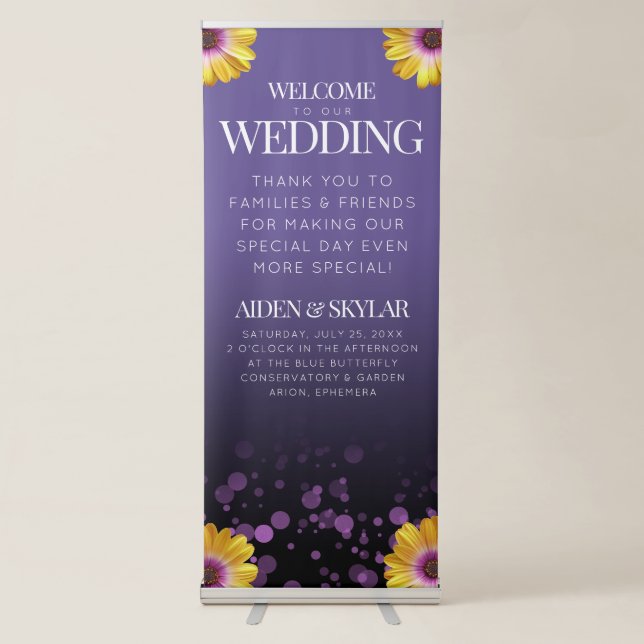 Elegant Daisies Purple Glitter Welcome Wedding Retractable Banner (Front)