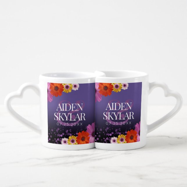 Elegant Daisies with Purple Glitter Newlyweds Coffee Mug Set (Front Nesting)