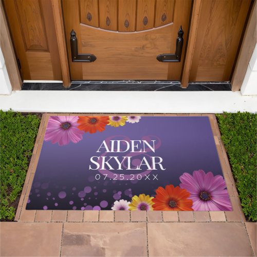 Elegant Daisies with Purple Glitter Newlyweds Doormat