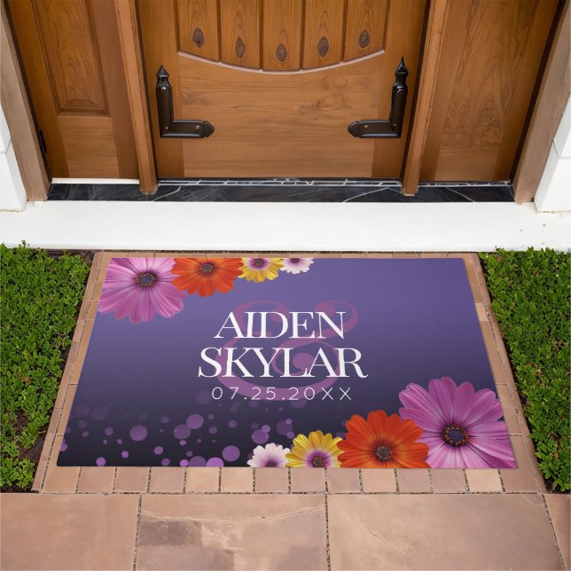 Elegant Daisies with Purple Glitter Newlyweds Doormat (Outdoor)