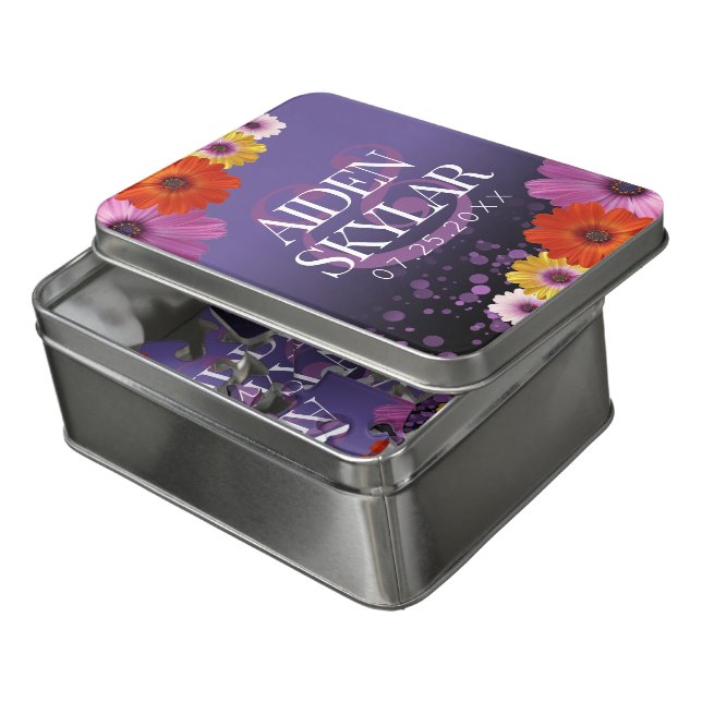 Elegant Daisies with Purple Glitter Newlyweds Jigsaw Puzzle (Lid Open)