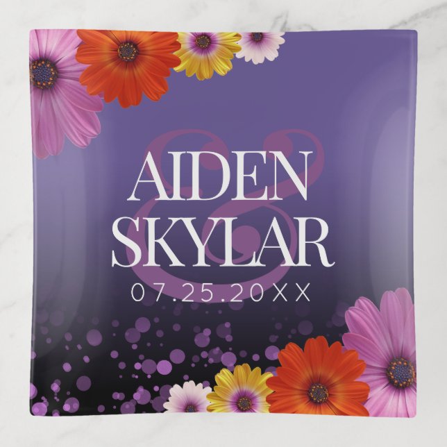 Elegant Daisies with Purple Glitter Newlyweds Trinket Tray (Front)