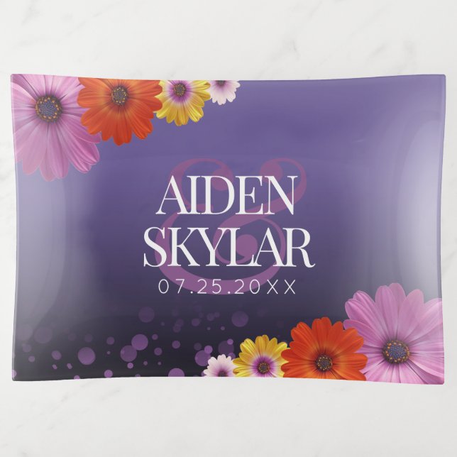 Elegant Daisies with Purple Glitter Newlyweds Trinket Tray (Front)