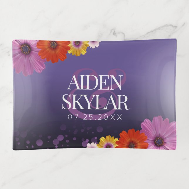 Elegant Daisies with Purple Glitter Newlyweds Trinket Tray (Front)