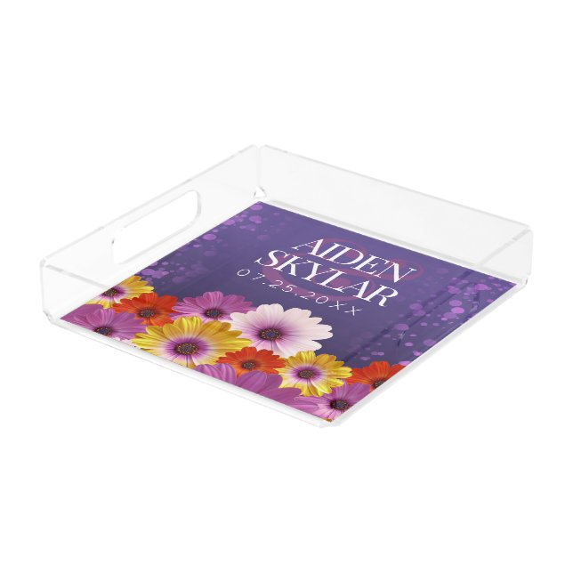 Elegant Daisies with Purple Glitter Wedding Acrylic Tray (Angled)