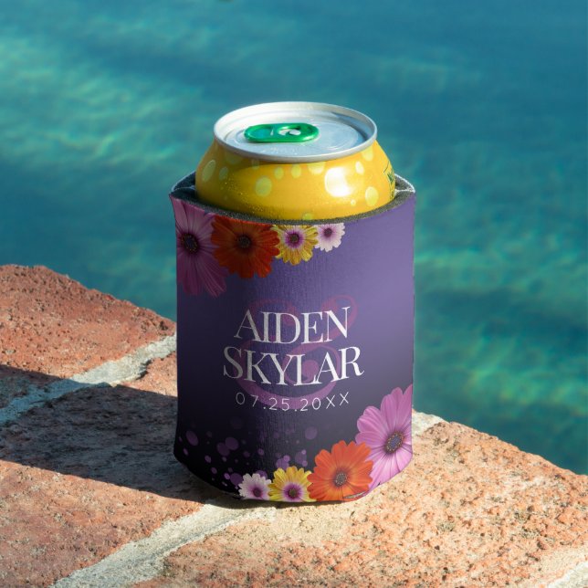 Elegant Daisies with Purple Glitter Wedding Can Cooler (In Situ Pool)