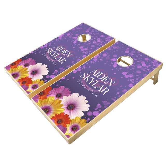 Elegant Daisies with Purple Glitter Wedding Cornhole Set (Angled)