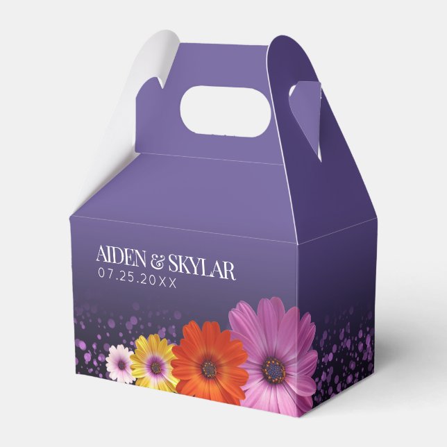 Elegant Daisies with Purple Glitter Wedding Favor Boxes (Front Side)