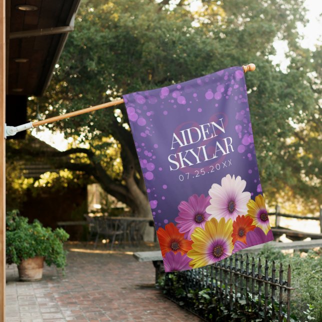 Elegant Daisies with Purple Glitter Wedding House Flag (In SItu)