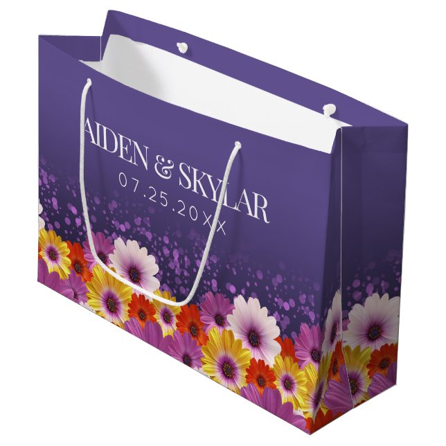 Elegant Daisies with Purple Glitter Wedding Large Gift Bag (Front Angled)