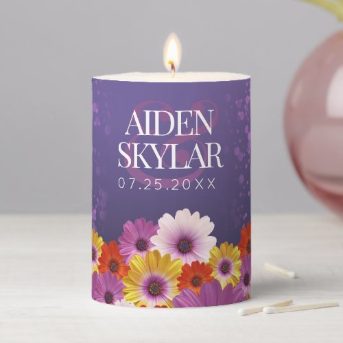 Elegant Daisies with Purple Glitter Wedding Pillar Candle