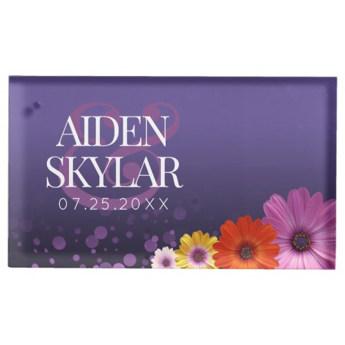 Elegant Daisies with Purple Glitter Wedding Place Card Holder