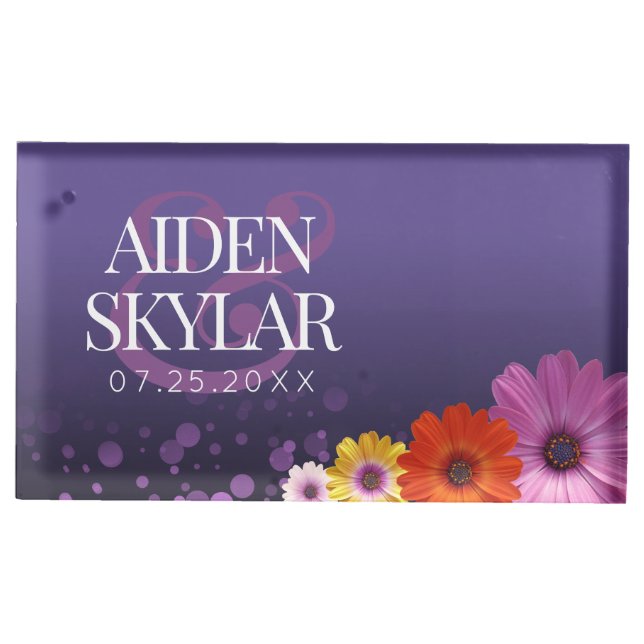 Elegant Daisies with Purple Glitter Wedding Place Card Holder (Front)