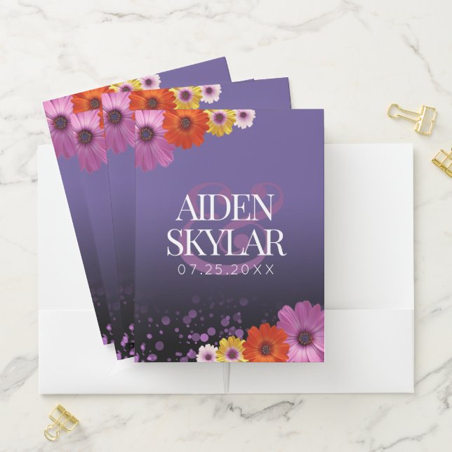 Elegant Daisies with Purple Glitter Wedding Pocket Folder (In Situ)