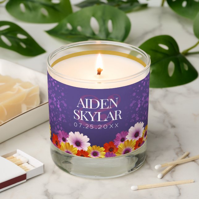 Elegant Daisies with Purple Glitter Wedding Scented Candle (Lit)