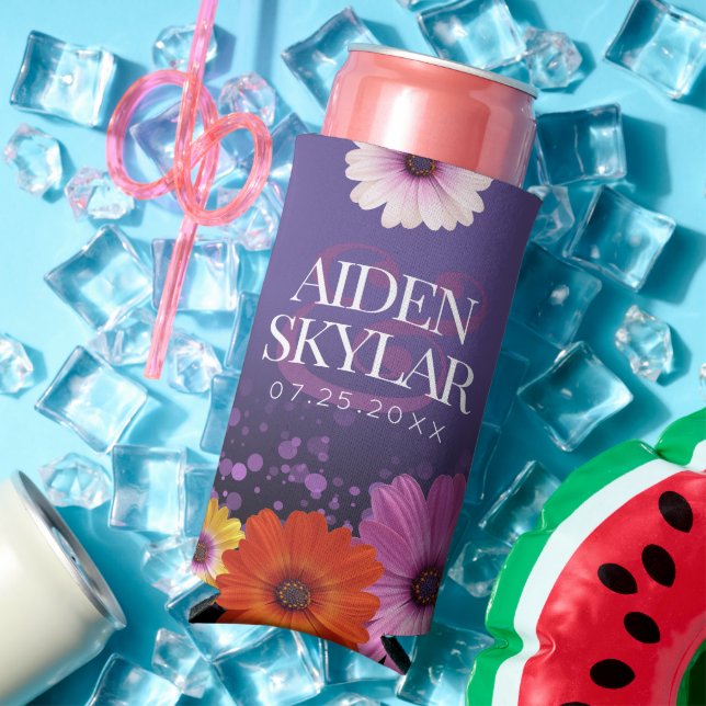 Elegant Daisies with Purple Glitter Wedding Seltzer Can Cooler (In Situ Summer)