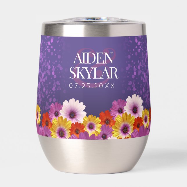 Elegant Daisies with Purple Glitter Wedding Thermal Wine Tumbler (Front)