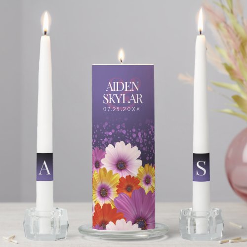 Elegant Daisies with Purple Glitter Wedding Unity Candle Set