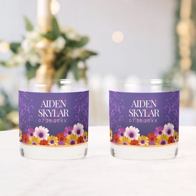 Elegant Daisies with Purple Glitter Wedding Whiskey Glass (Insitu (Wedding))