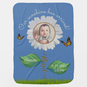 Elegant Daisy Blue Floral Cute Baby Photo & Name Blanket