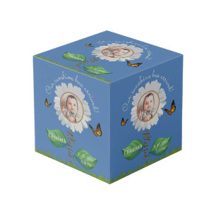Elegant Daisy Blue Floral Cute Baby Photo & Name Cube