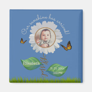 Elegant Daisy Blue Floral Cute Baby Photo & Name Magnet