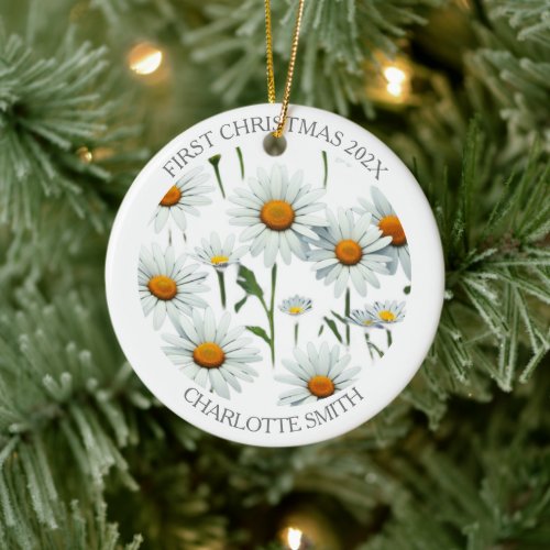 Elegant Daisy Boho Floral First Christmas Ceramic Ornament