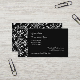 Elegant Daisy Damask in White on Black Custom Business Card