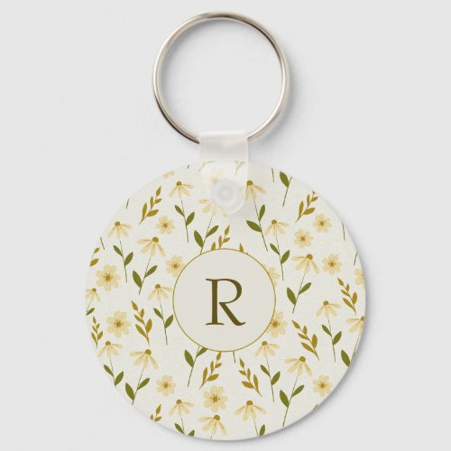 Elegant Daisy Floral Design Ivory Greenery Branch Keychain