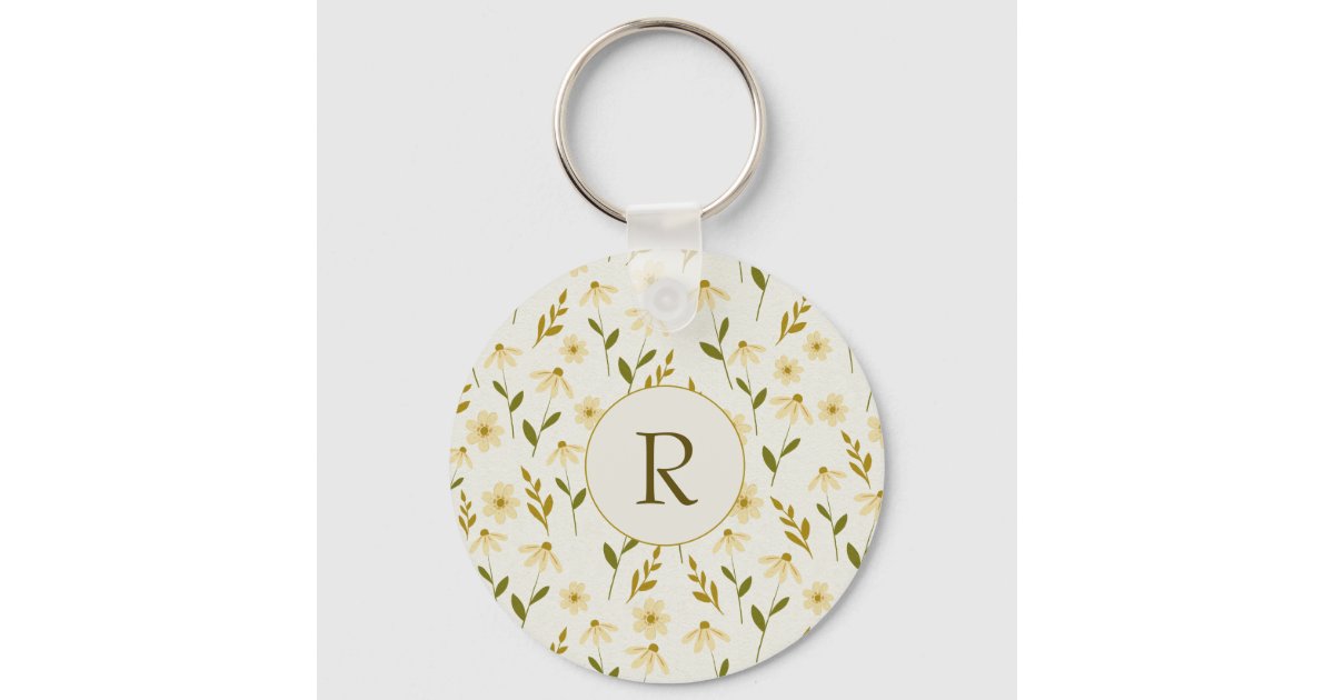 Ivory Keychain Elegant Daisy Floral Design Ivory Greenery Branch Keychain | Zazzle