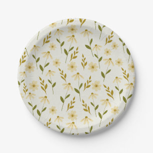 Elegant Daisy Floral Design Ivory Greenery Branch Paper Plates