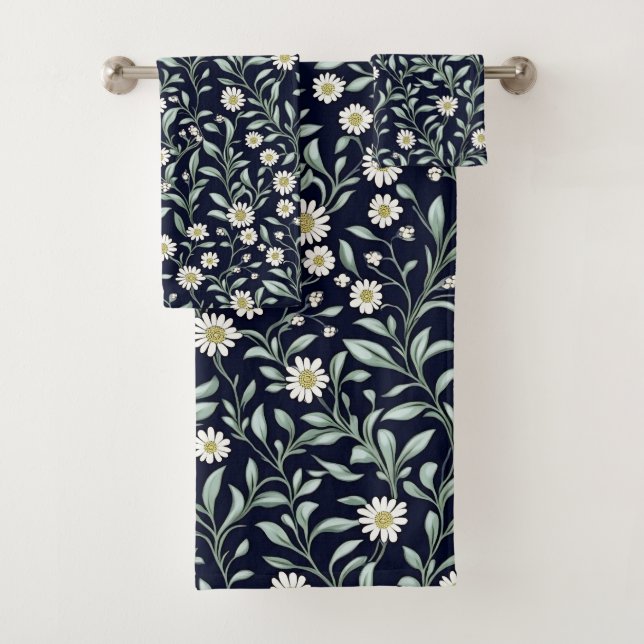 Elegant Daisy Floral Pattern on Dark Background Bath Towel Set (Insitu)