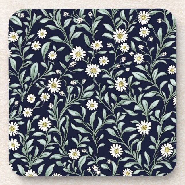 Elegant Daisy Floral Pattern on Dark Background Beverage Coaster (Front)