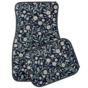 Elegant Daisy Floral Pattern on Dark Background Car Floor Mat