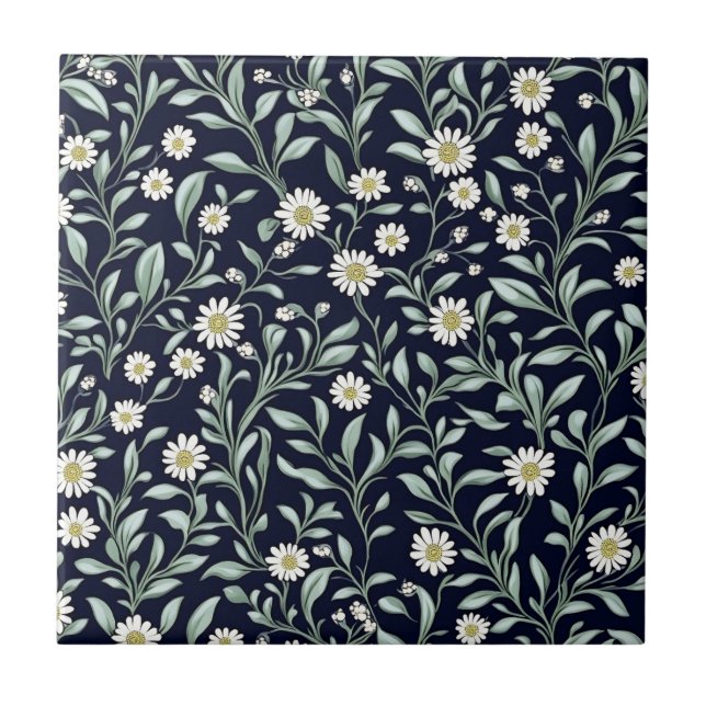 Elegant Daisy Floral Pattern on Dark Background Ceramic Tile (Front)