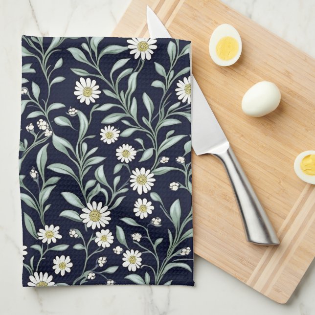 Elegant Daisy Floral Pattern on Dark Background Kitchen Towel (Quarter Fold)