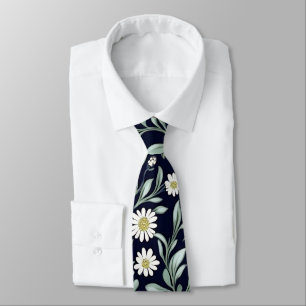 Elegant Daisy Floral Pattern on Dark Background Neck Tie
