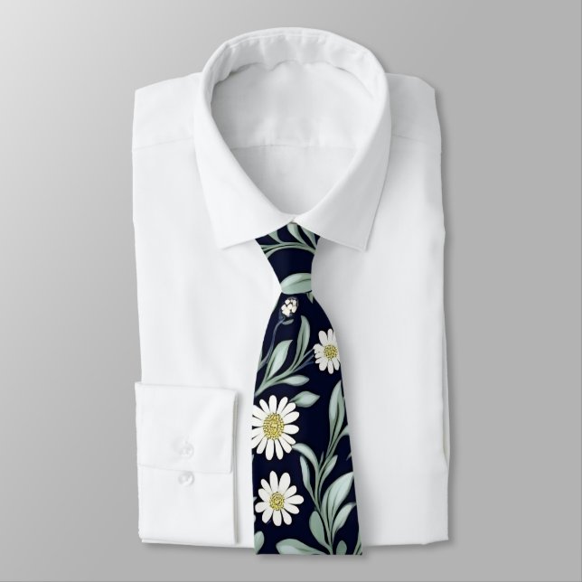 Elegant Daisy Floral Pattern on Dark Background Neck Tie (Tied)