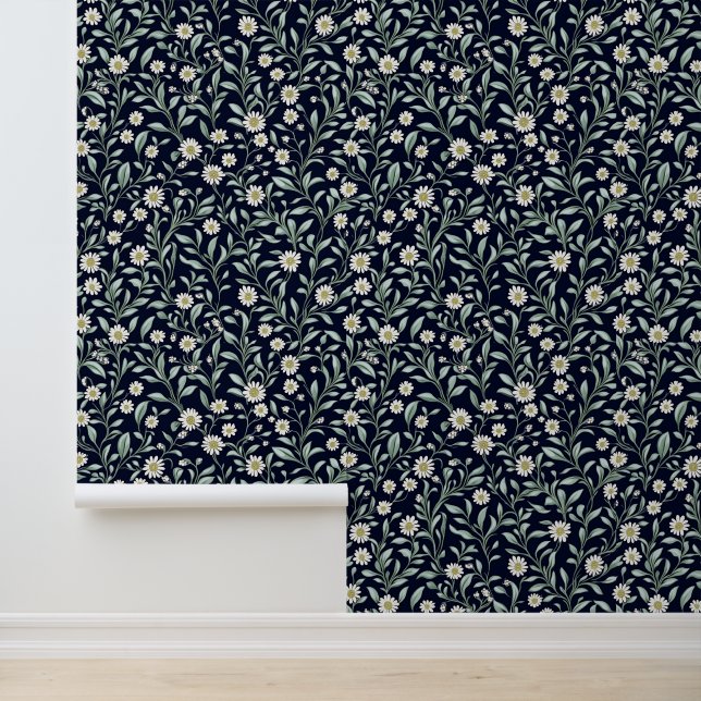 Elegant Daisy Floral Pattern on Dark Background Wallpaper (Application)