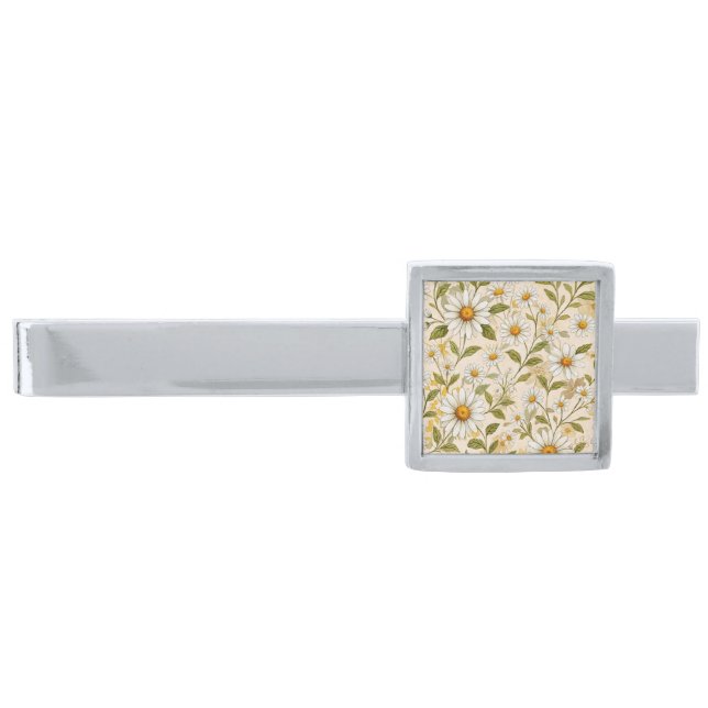 Elegant Daisy Floral Pattern Silver Finish Tie Bar (Front)