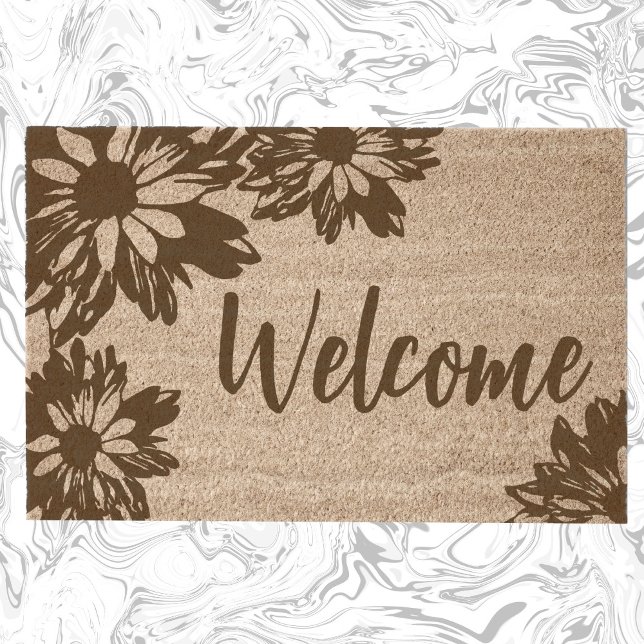 Elegant Daisy Flower Outlines Welcome coir Fiber Doormat (Creator Uploaded)