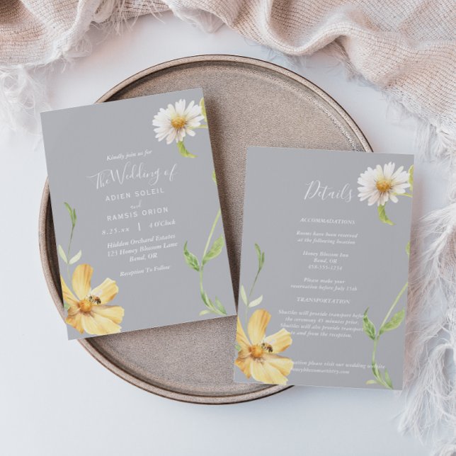 Elegant Daisy | Gray Details All In One Wedding Invitation (Creator Uploaded)