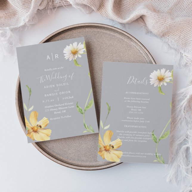 Elegant Daisy | Gray Monogram Details All In One Invitation (Creator Uploaded)
