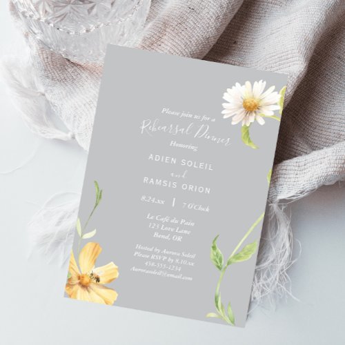 Elegant Daisy  Gray Wedding Rehearsal Dinner Invitation