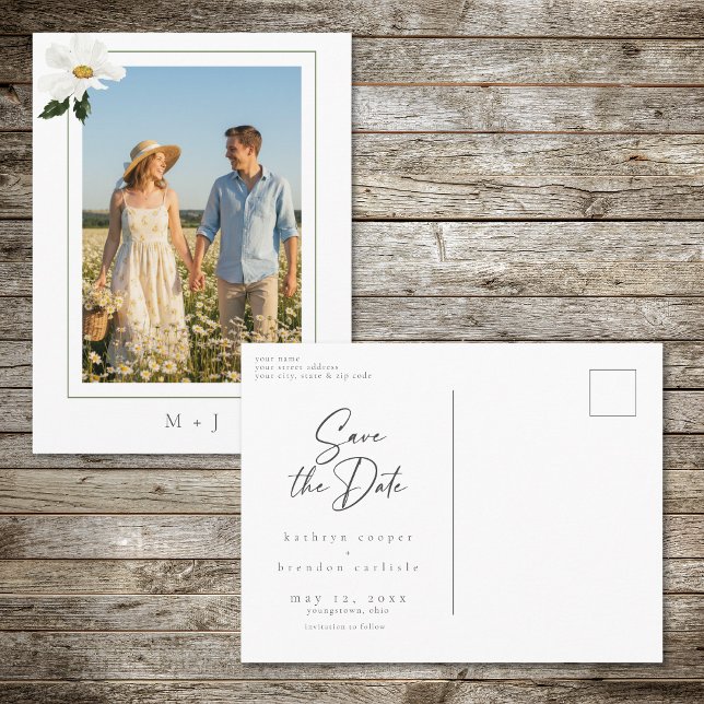 Elegant Daisy Minimal Photo Save the Date Announce Announcement Postcard (Creator Uploaded)