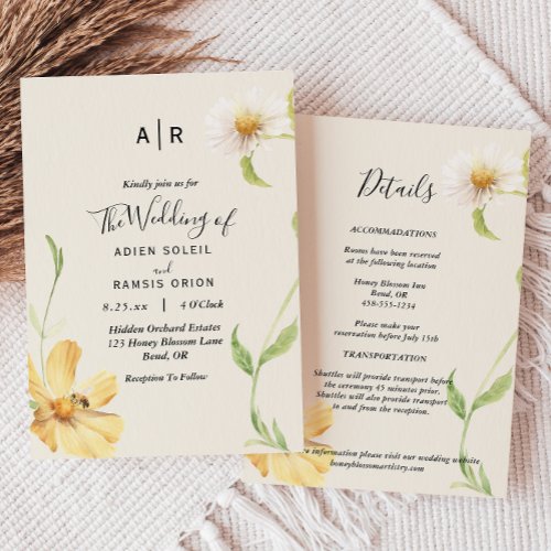 Elegant Daisy Monogram Details All In One Wedding Invitation
