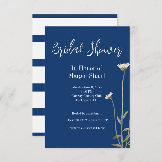 Elegant Daisy Navy White Script Striped Bridal  (Front/Back)