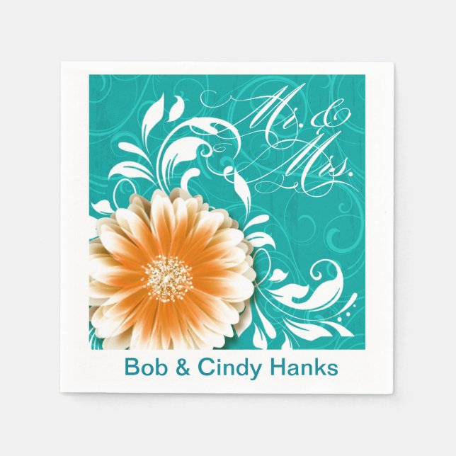 Elegant Daisy Scroll Flourish Mr. & Mrs. Paper Napkins (Front)