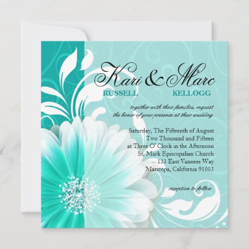 Elegant Daisy Scroll Flourish  turquoise Invitation